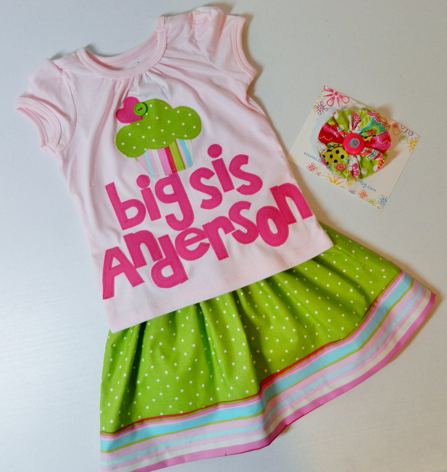 3 piece outfit - shirt or onesie with lime green dot cupcake applique personalized hot pink big sis and name skirt, bow in sizes 12m -16