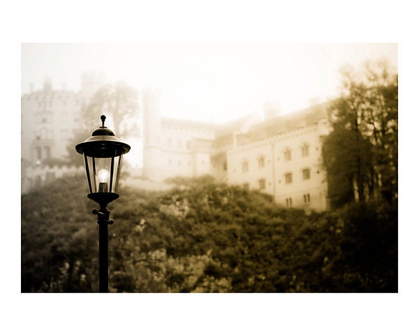 lamp post photograph - original fine art photography, castle, dream, fog, mist, black and white - 8x10