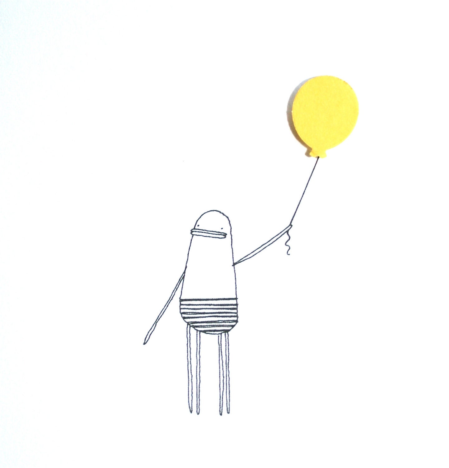 Cute Birthday Card, Happy Birthday, Hand-Finished, Quirky Illustration of Poosac with Yellow Balloon Embellishment