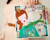 8 x 8 Paper Print - kiss me - love, inspirational quote, greens and turquoise, scarf, woman, crown, buttons, pink, maps