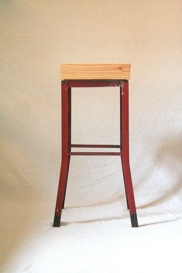 industrial blond stool - steel stool, flare legs, reclaimed old growth wood seat