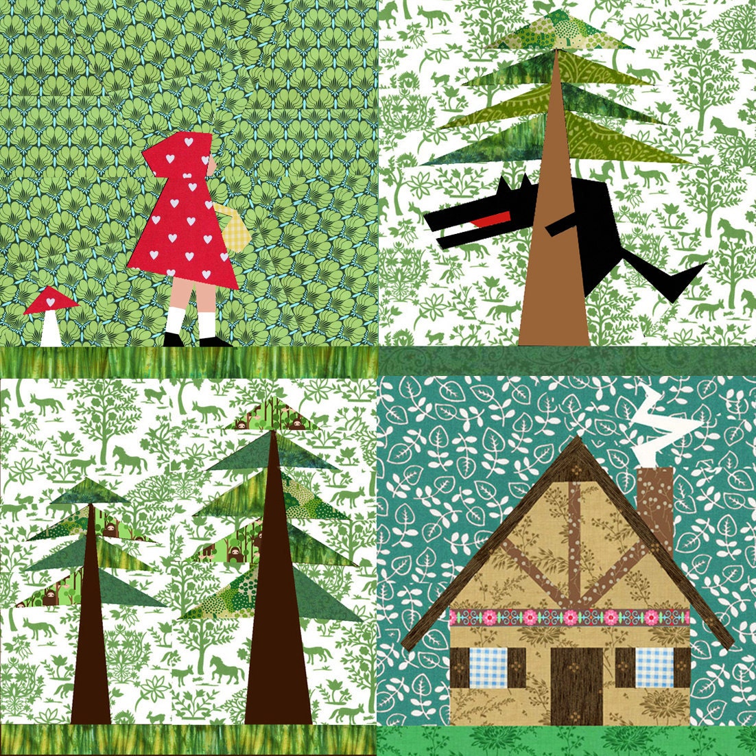 Little red Riding Hood Set of 4 paper pieced quilt block patterns PDF