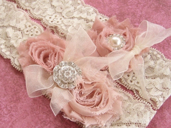 Vintage Bridal Garter Wedding Garter Set Toss Garter included Dusty Rose Ivory with Rhinestones and Pearls  Custom Wedding colors