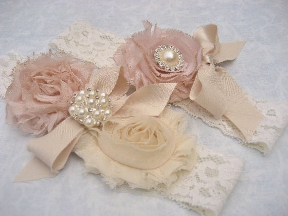 SALE - Bridal Garter Heirloom Rose Wedding Garter Set with Toss Garter Heirloom Rose and Tea Stained Ivory with Rhinestones and Pearls