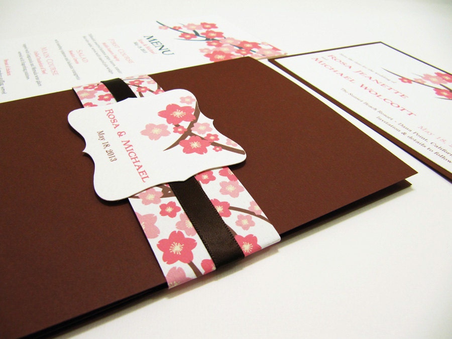 Wedding Invitation Pocketfold  Suite, Cherry Blossom in Brown - Sample