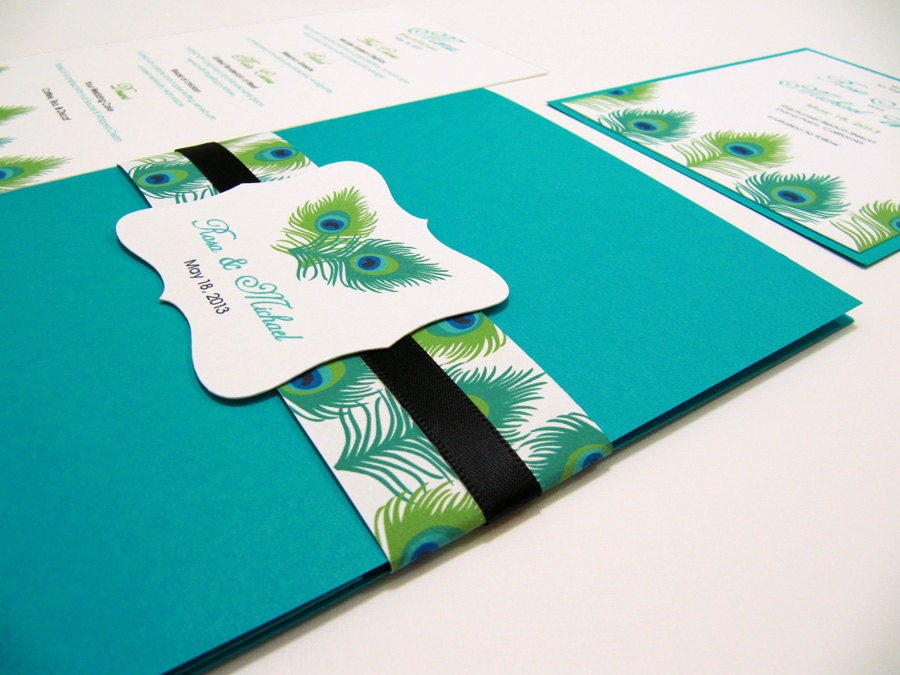 Pocketfold Wedding Invitation Suite, Peacock Feather- Sample