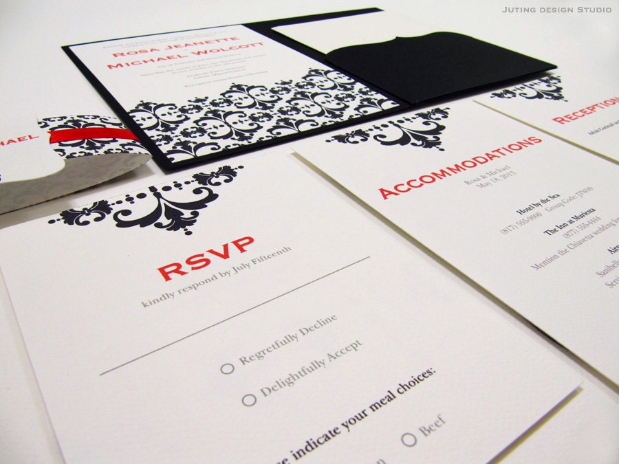 Pocketfold Wedding Invitation Suite, Classic Black and Red - Sample