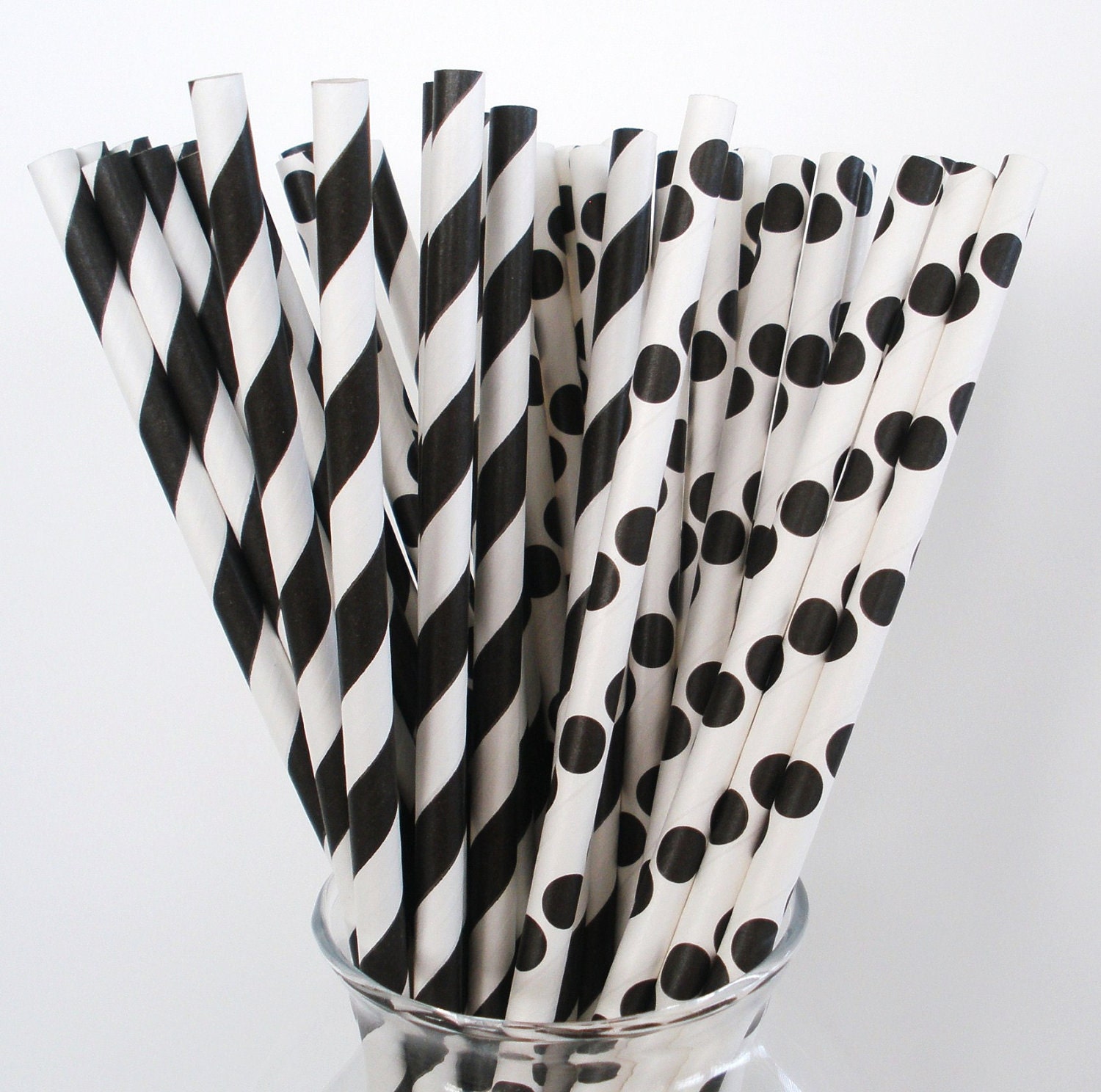 50 PAPER STRAWS....Black Stripe & Black Polka Dot Paper Straws.... Retro, Vintage w/  Blank DIY Printables