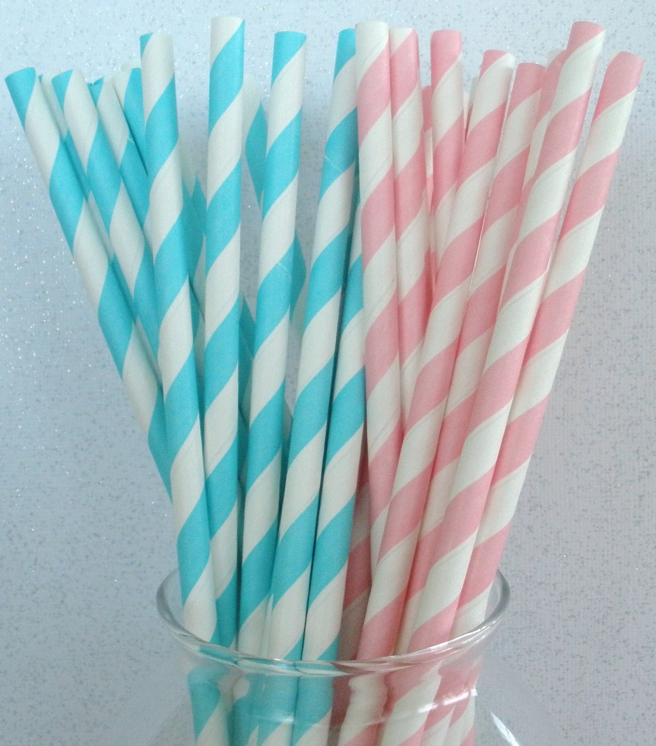 60 Pink Stripe & Aqua/Turquoise Stripe Paper Straws w/ Blank Printable Pennants