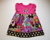 Girl's Toddlers T-Shirt Dress - Funky Modern Floral Pink Purple and Brown with Flower Applique