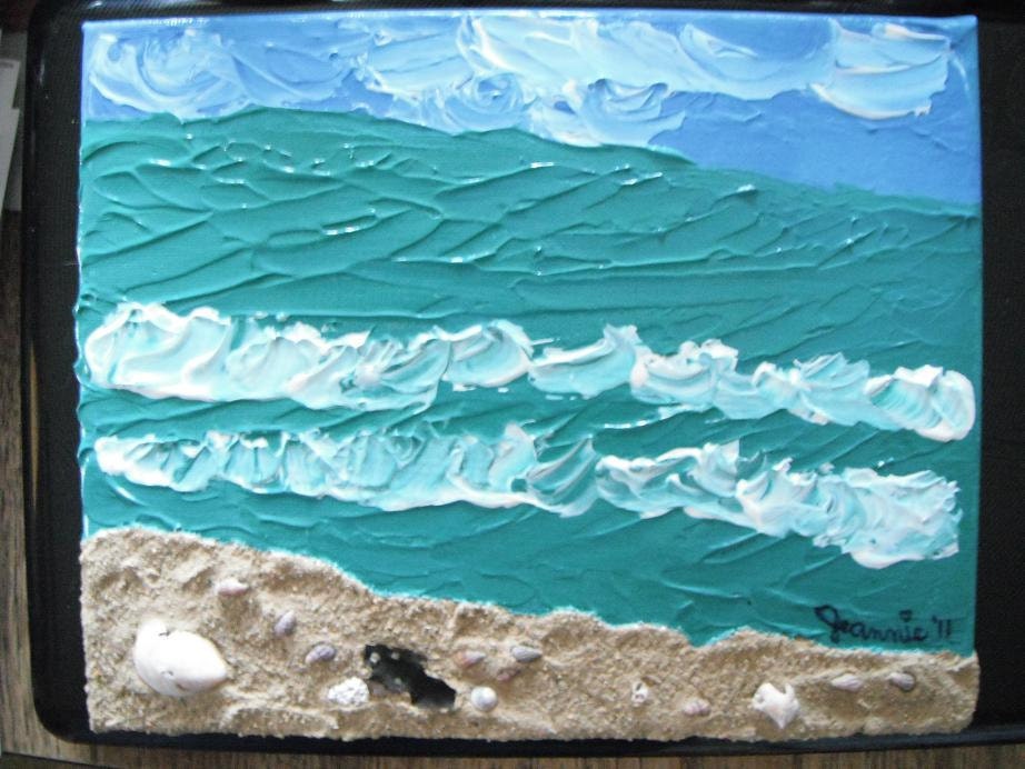 Beach Jewels   8x10 acrylic painting on canvas REAL beach sand and seashells