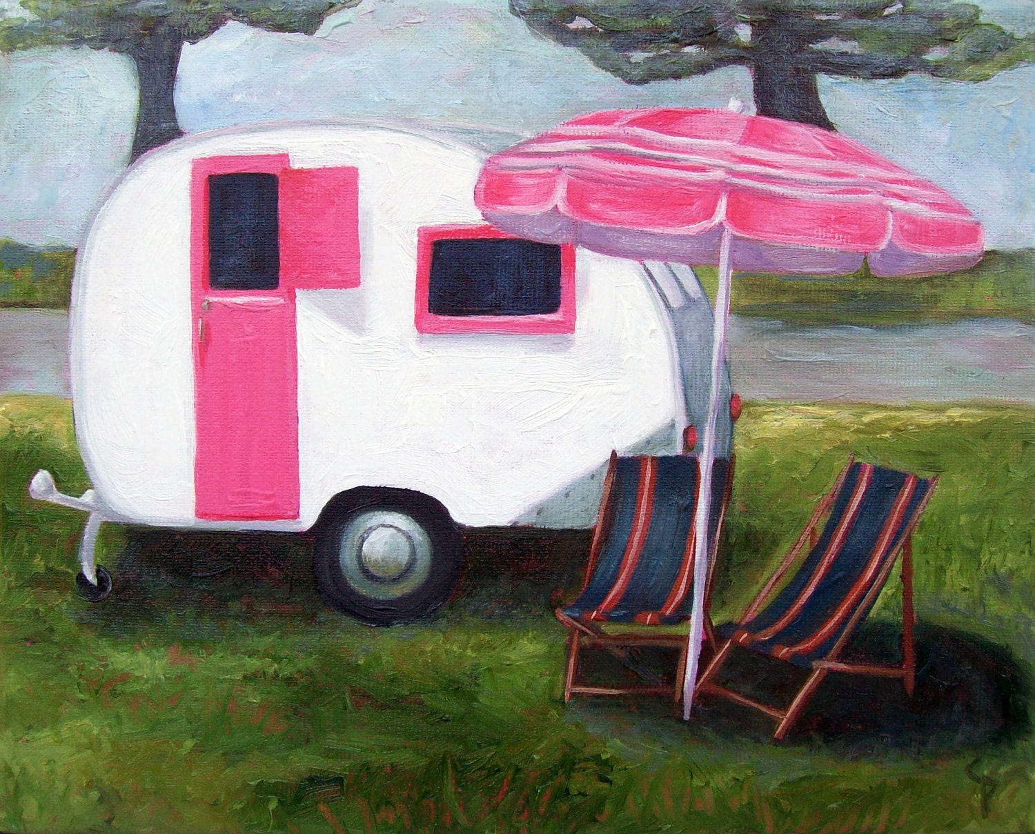 Fine Art Print - Retro Caravan, vintage travel decor, pink trailer, vintage Airstream