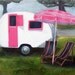 SALE Retro Caravan - original oil painting  - Vintage travel home decor, airstream teardrop trailer