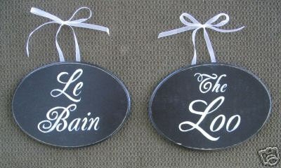 The Loo OR Le Bain Oval Plaque Wood Sign English OR French Bathroom Wall Decor