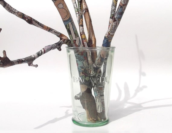 Repurposed branches, paper decoupaged sticks, wood home decor, geeky upcycled wood, funky