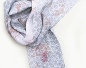 Extra Long White Linen Scarf with Hand Silk Screened Light Blue Grey Triangles and Orange Mini Dots