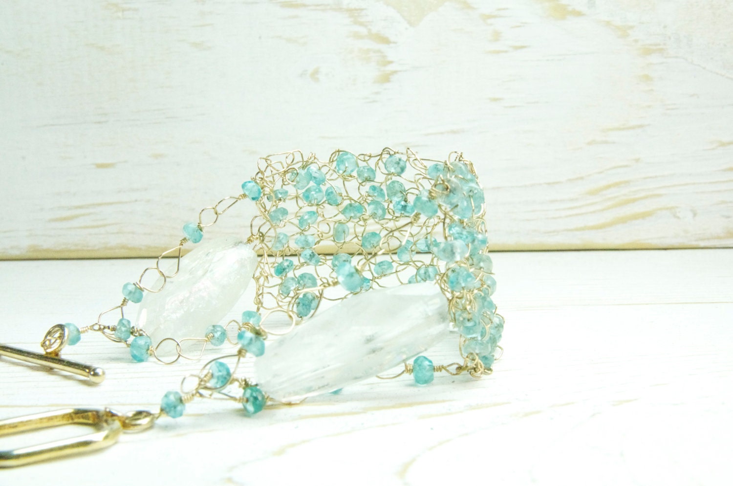 Apatite and Aqua Marine Crochet Bracelet:/Aqua Marine Crocheted Bridal Bracelet/Crocheted Gold Bracelet