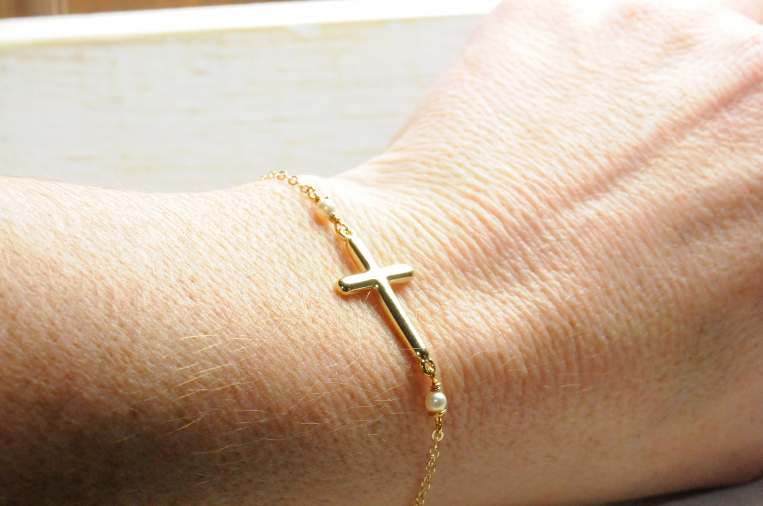 Dainty Side Cross Bracelet in Gold:)  Bridesmaid Gifts