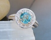 Natural Blue Zircon Ring in Round Sterling Silver Halo Setting  December Birthstone Jewelry