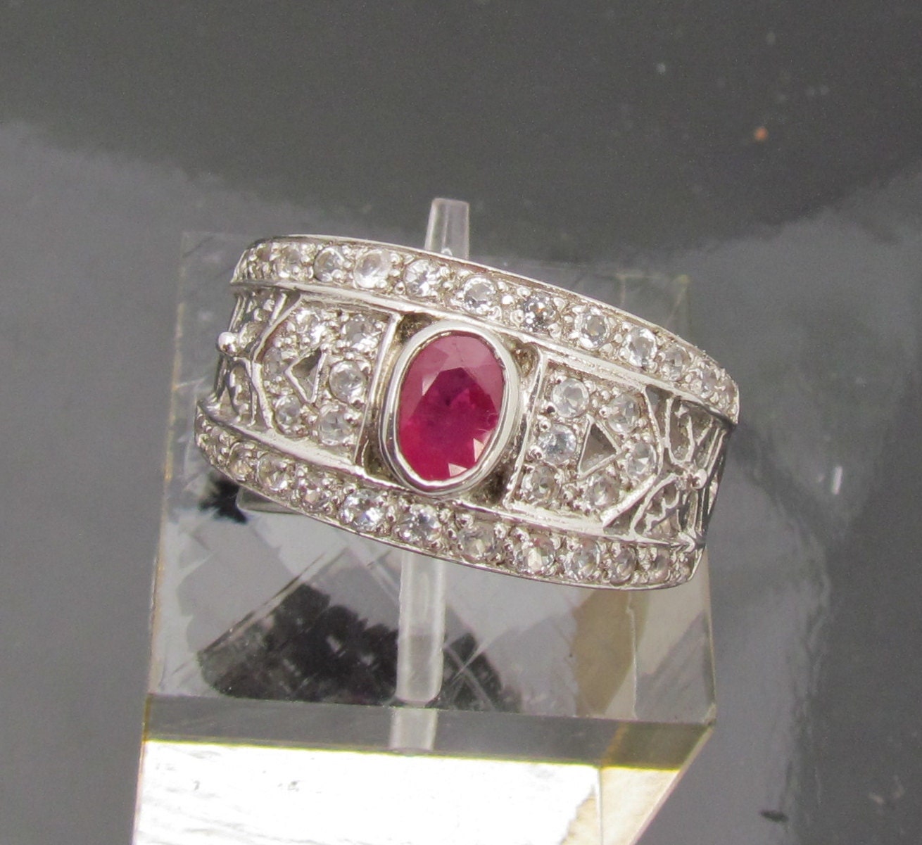 Treated Ruby in Platinum Plated Silver Fashion Ring with Cubic Zirconia Accent Stones July Birthstone Gemstone Jewelry