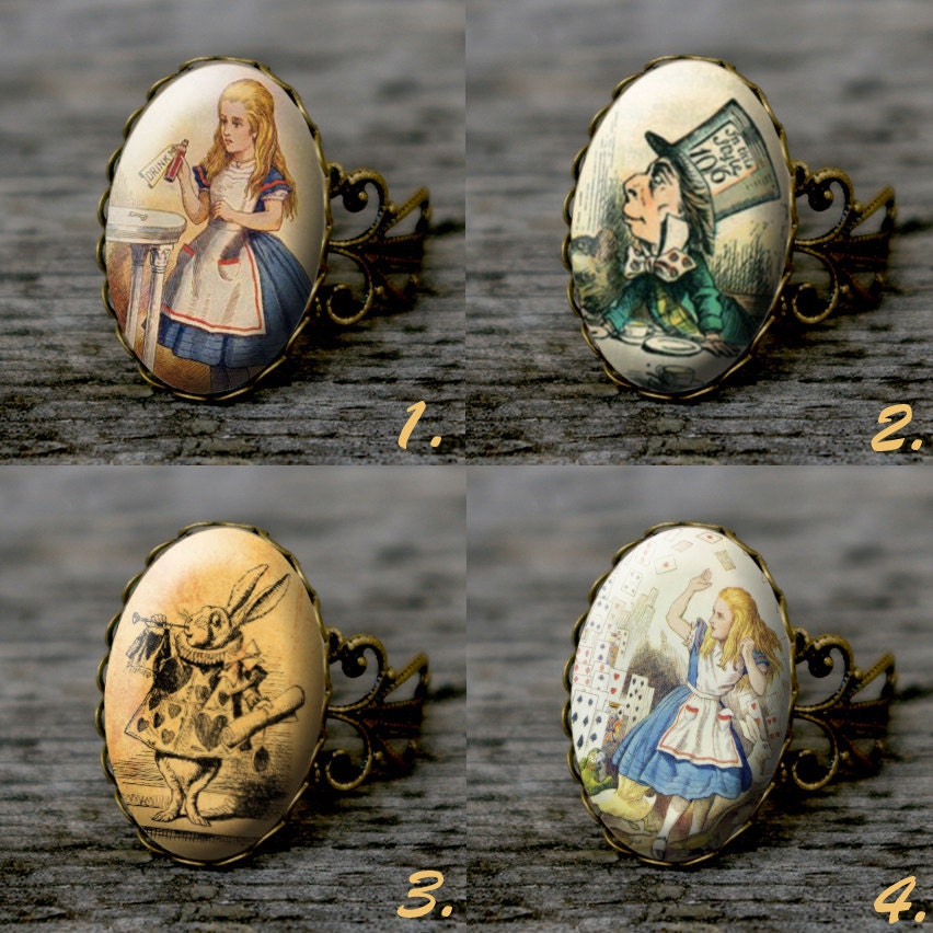 Alice in Wonderland - vintage style adjustable ring