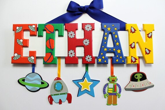 Outer Space Name Sign (5 Letters) - Custom Hand Painted Wood Letters on a Personalized Wall Hanging for Nursery or Child's Bedroom