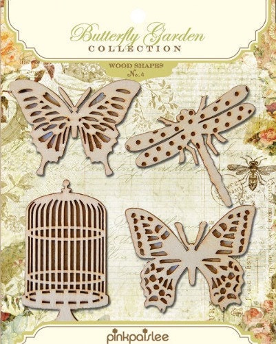 Wood Applique Die Cut, Butterfly, Birdcage, Dragonfly, Set of 4