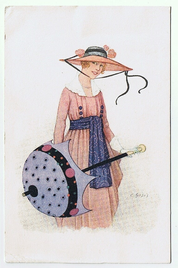 With a Huge Hat the Parasol is Overkill - Art Deco signed Italian PC circa 1917