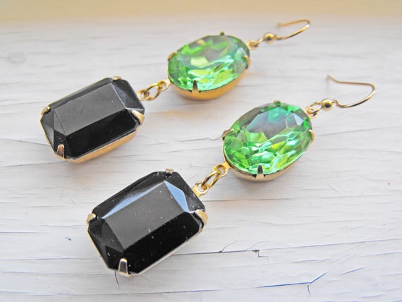 Black Dangle Earrings Peridot Earrings Vintage Peridot Green Drop Earrings Bridal Wedding Jewelry