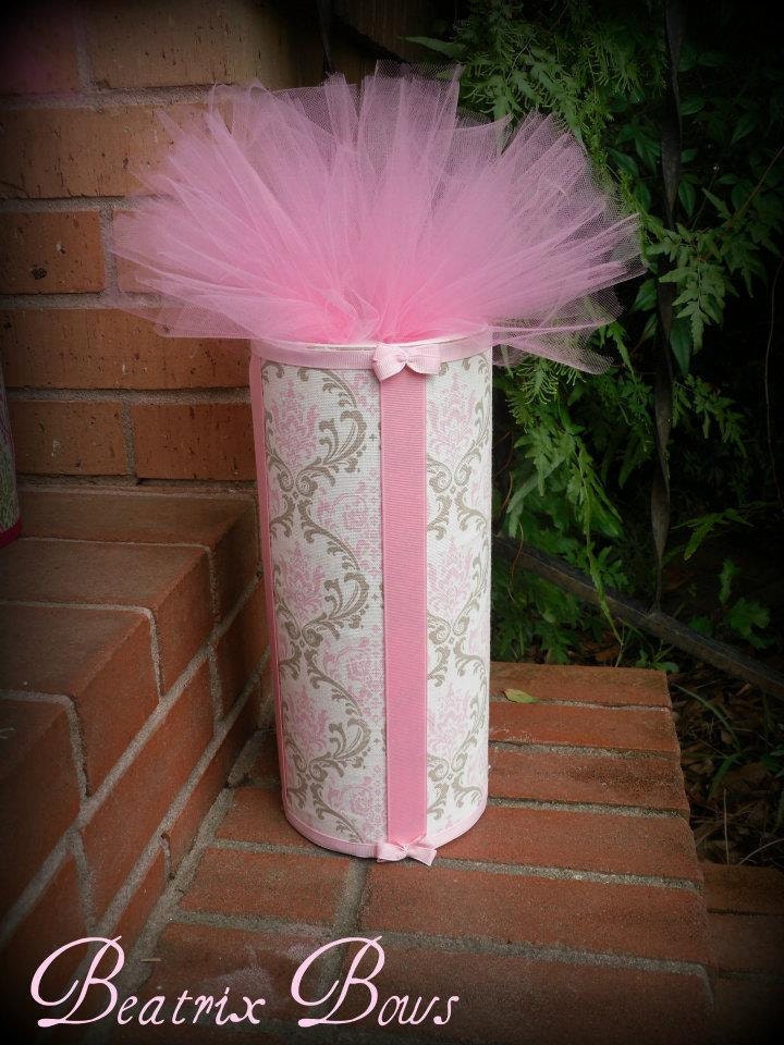 Headband Holder Bow Stand with Interior Storage in Taupe Brown and Pink Damask with Tutu Topper