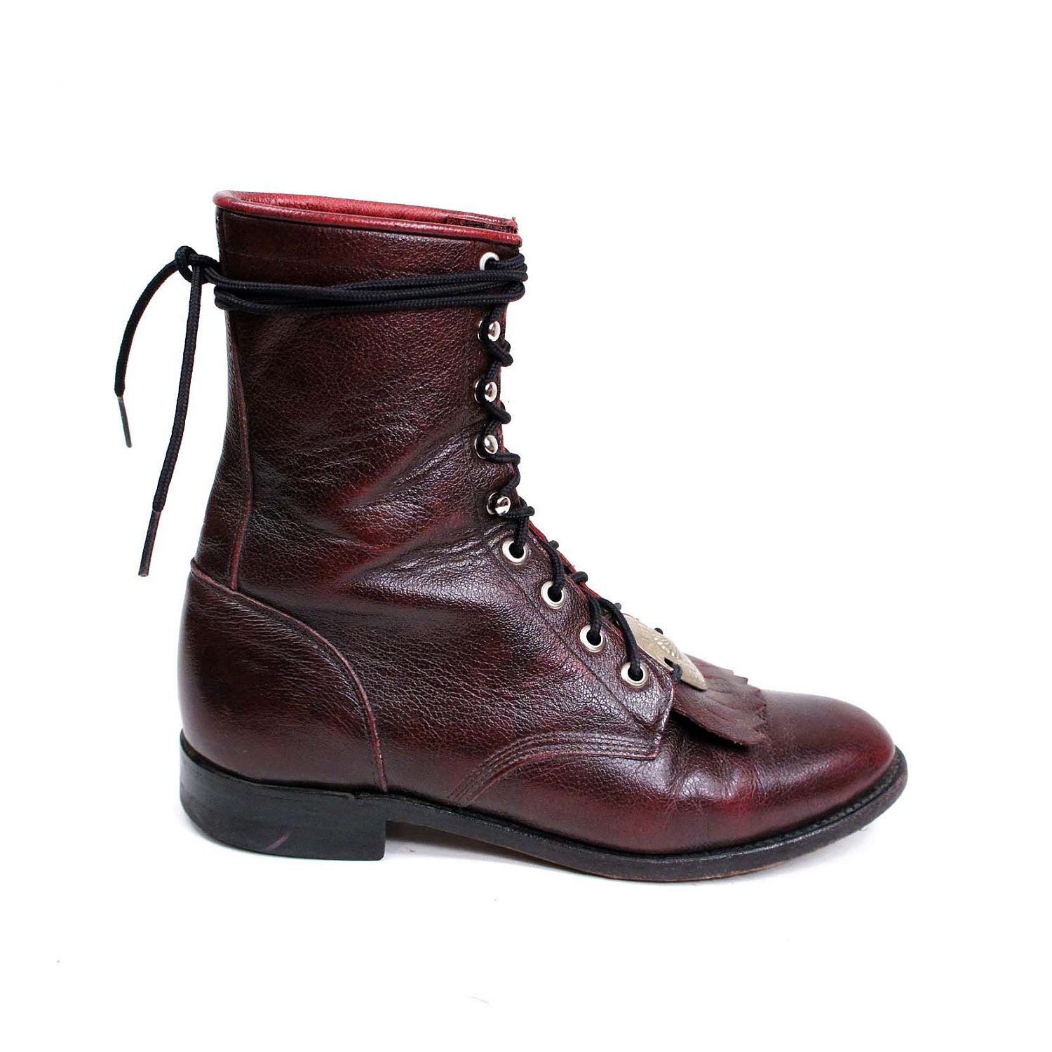 Southwestern Medallion Lacers / Black Cherry Pebbled Leather / Lace up Roper Boots by JUSTIN for Women's size 7