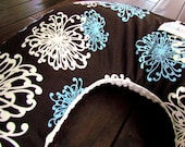 Boppy Style Pillow Cover- Rich Chocolate with Teal and White Floral Bursts with White Minky Dot- READY TO SHIP