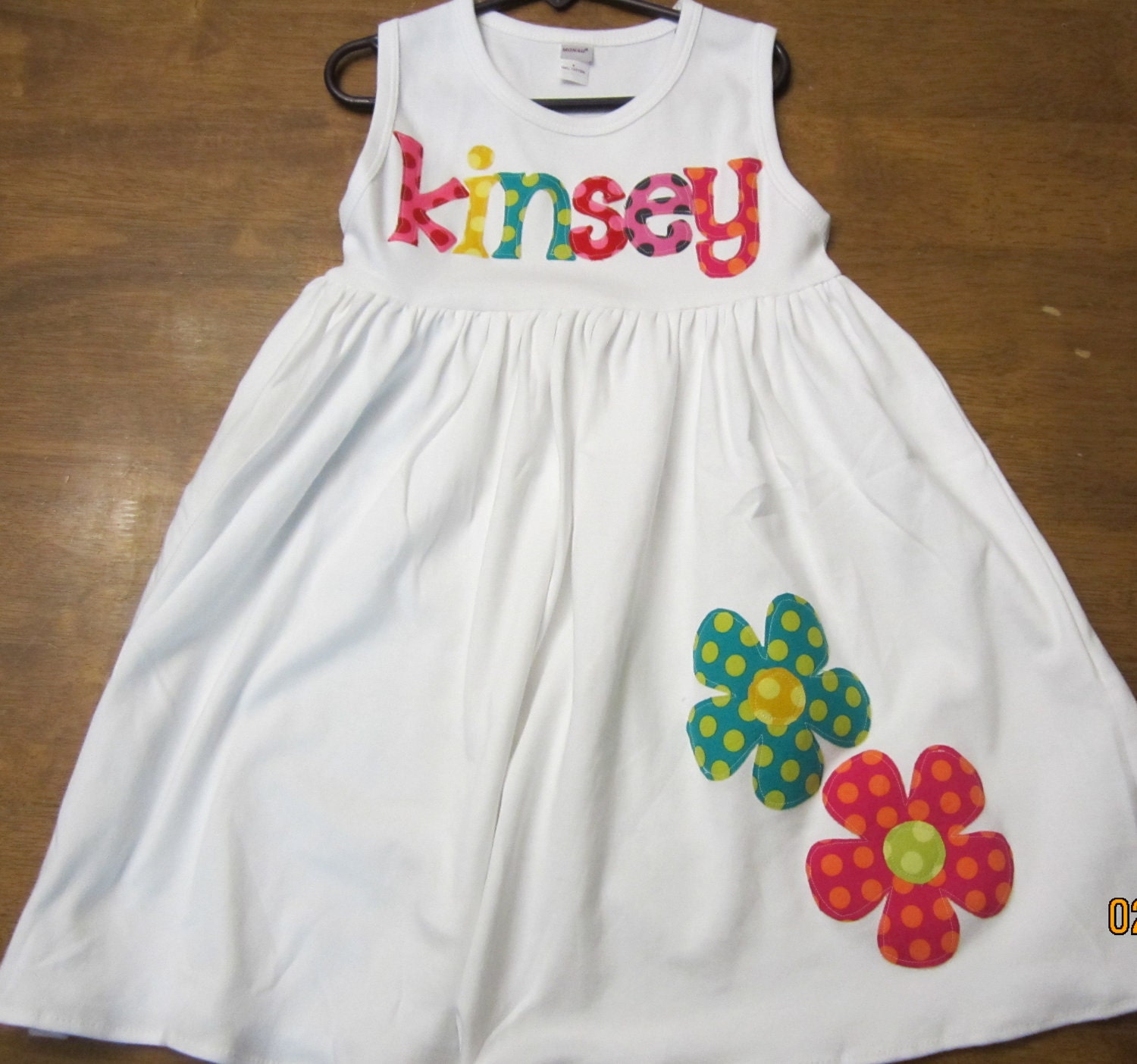 Girls Short or Long Sleeve Appliqued Name Dress with Flowers any size 3-6 month to 4 toddler