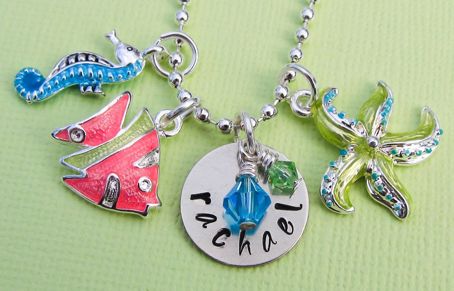 Personalized Name Hand Metal Stamped Pink Fish Blue Seahorse Green Starfish Tropical Beach Ocean Sealife Swarovski Charm Pendant Necklace