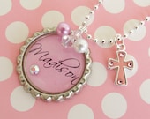 Girl's Personalized Name Initial Bottlecap Bottle Cap Pink Silver Cross Charm Christian Baptism Confirmation Religious Cross Necklace