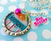 Personalized Girl's Pink Big Sister Little Sister Bottle Cap Necklace