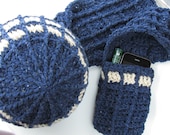 Crochet Hat Scarf Set w Pocket in Recycled Fiber, Sci Fi Fantasy TARDIS Doctor Who Inspired, Steampunk Clock Cog Button, Charity Donation