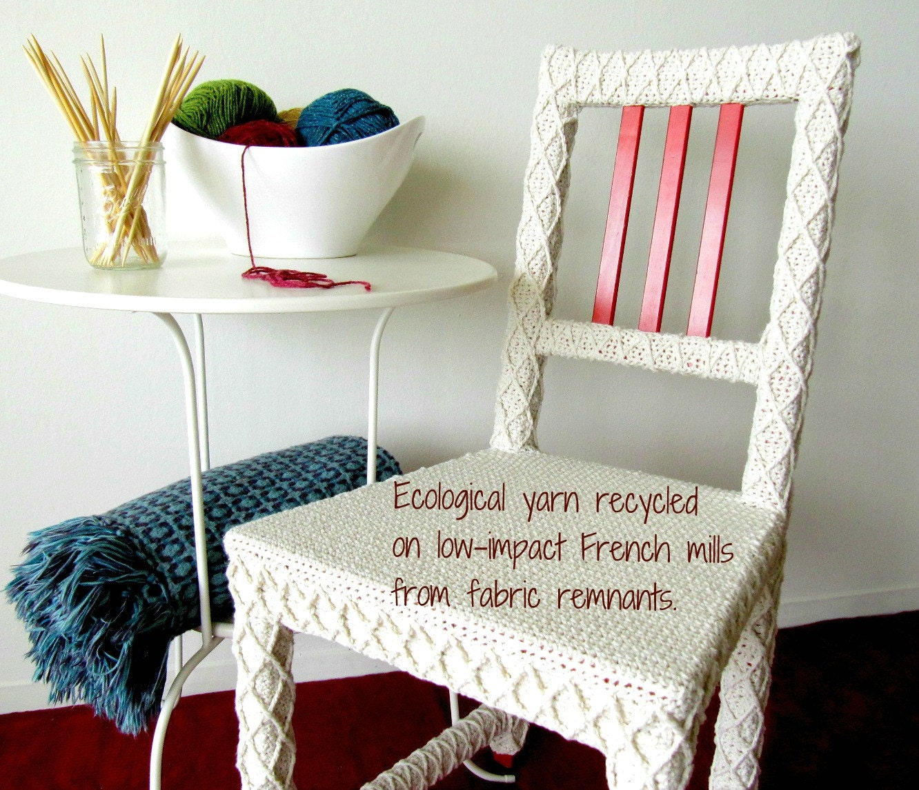 Grey Brown Accent Chair, Home Office Chair, Upcycled Furniture, Crochet Home Decor, Eco-Friendly Fiber Art by Knits for Life