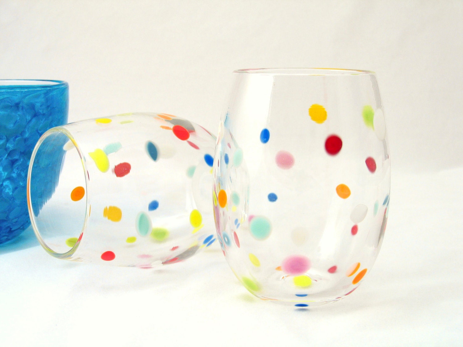 Blown Glass Tumbler Set  Retro Bright Polka Dot Juice Glasses Fun Whimsical