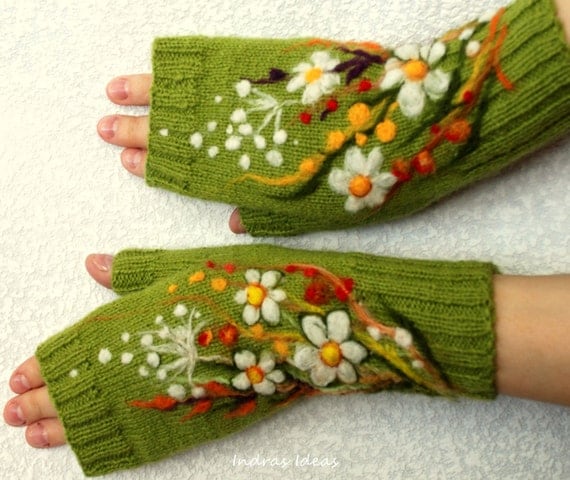 Green fingerless gloves with felted flowers meadows