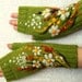 Green fingerless gloves with felted flowers meadows