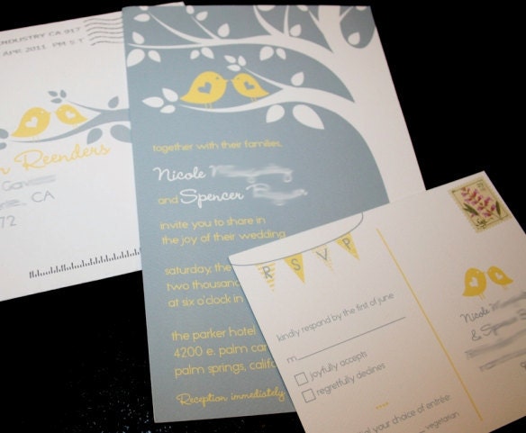 Printable Wedding Invitations - Grey & Yellow Birds - Cakes Likes A Party