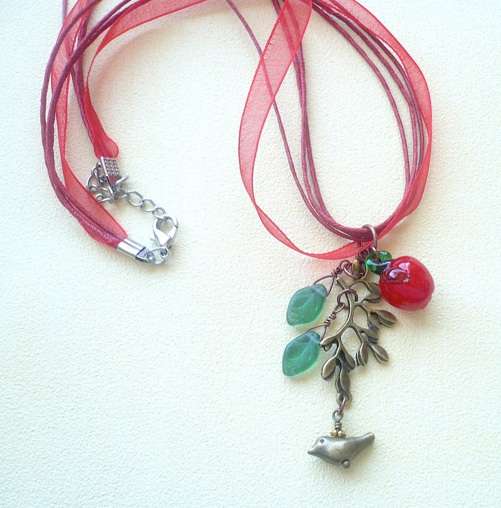 Bird and Branch Necklace, Teacher Apple Necklace, Green Leaf Necklace, Bird, Leaf, Branch, Apple