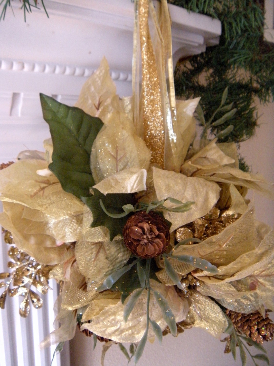 Unique Poinsettia Kissing Ball  Holiday Decoration, Gold Christmas Decor