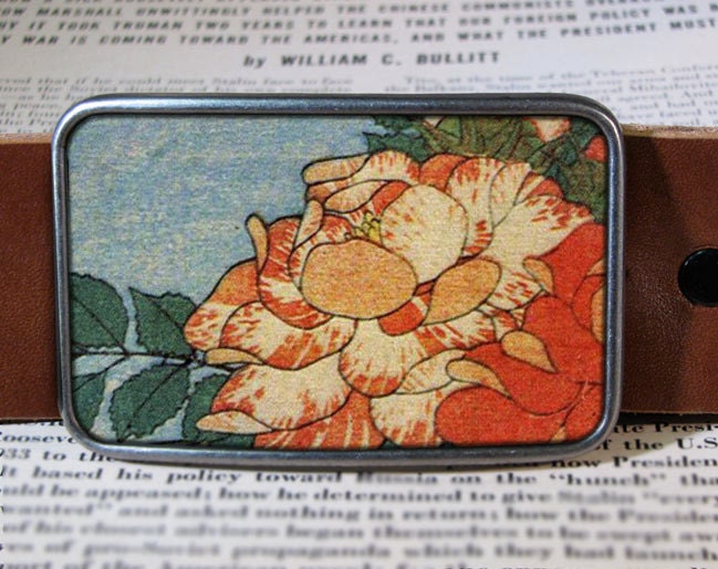 vintage peony belt buckle, vintage inspired, shabby chic 232