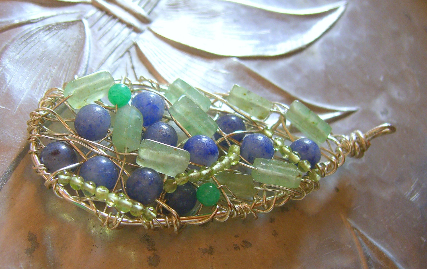 Statement pendant. Jade. Sodalite. Peridot. Silver wire.