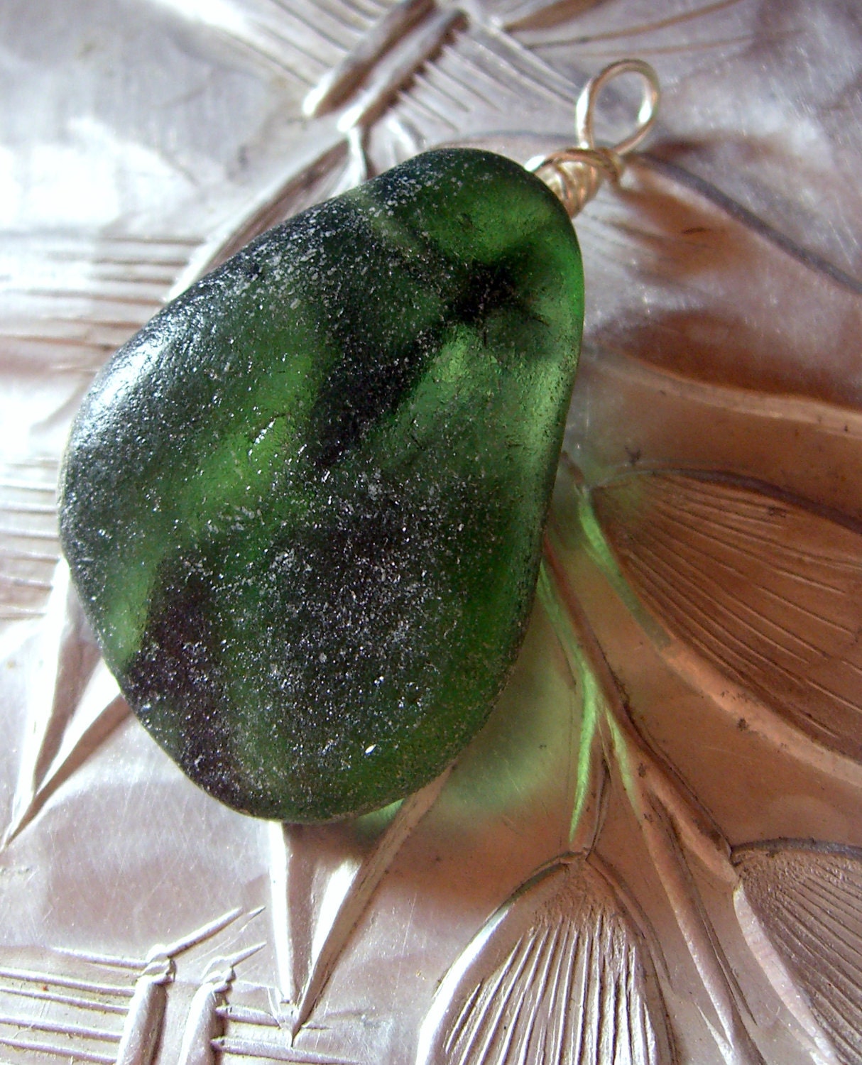 Green Sea Glass Pendant. Large. Statement Piece.