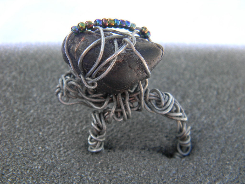 black beaded stone wire wrapped ring
