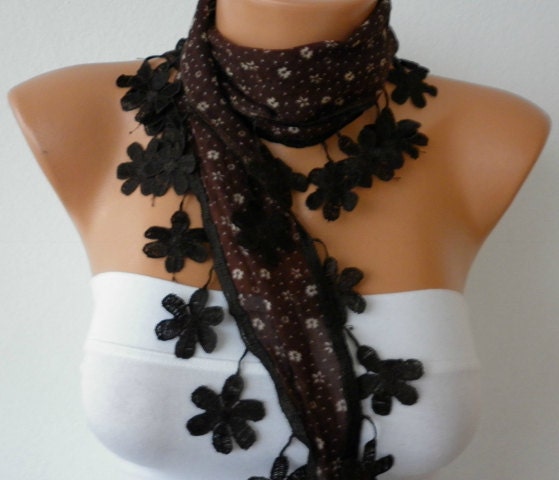 Brown Floral  Scarf  Cotton Scarf  Necklace Cowl with  Lace Edge  Gift