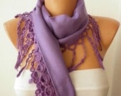 Lilac Scarf Women Pashmina  Scarf  - Cotton Scarf - Cowl with Lace  Edge - Lilac - fatwoman